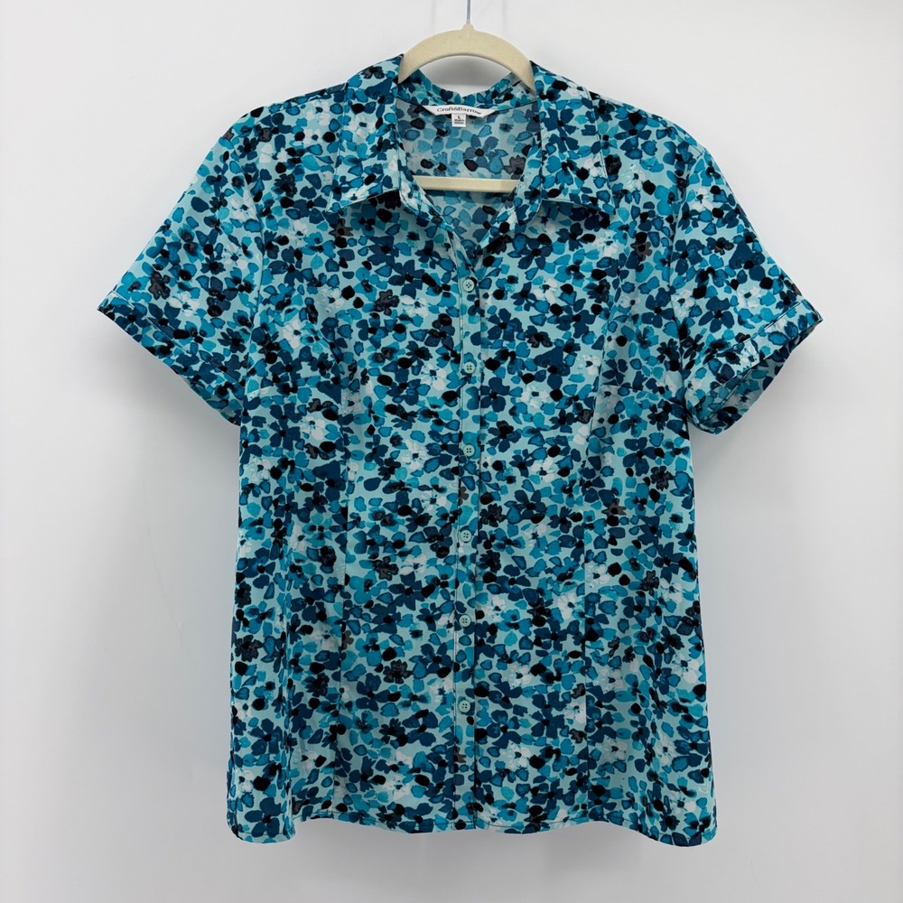 Croft & Barrow Womens L Blue Floral Button Up Blouse Short Sleeve Stretch‎ Top